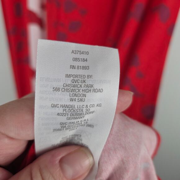 LOGO by Lori Goldstein‎ Cherry Red Floral Short Sleeve Midi Dress White Godet L - Picture 8 of 8